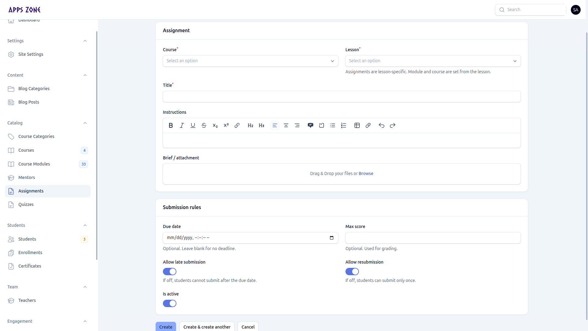 Create assignment form (same fields as admin)