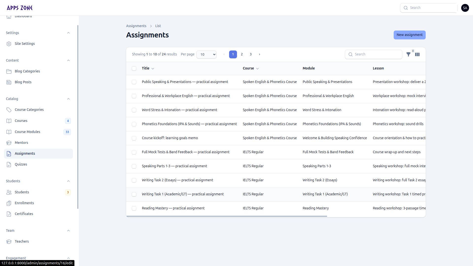 Assignments list
