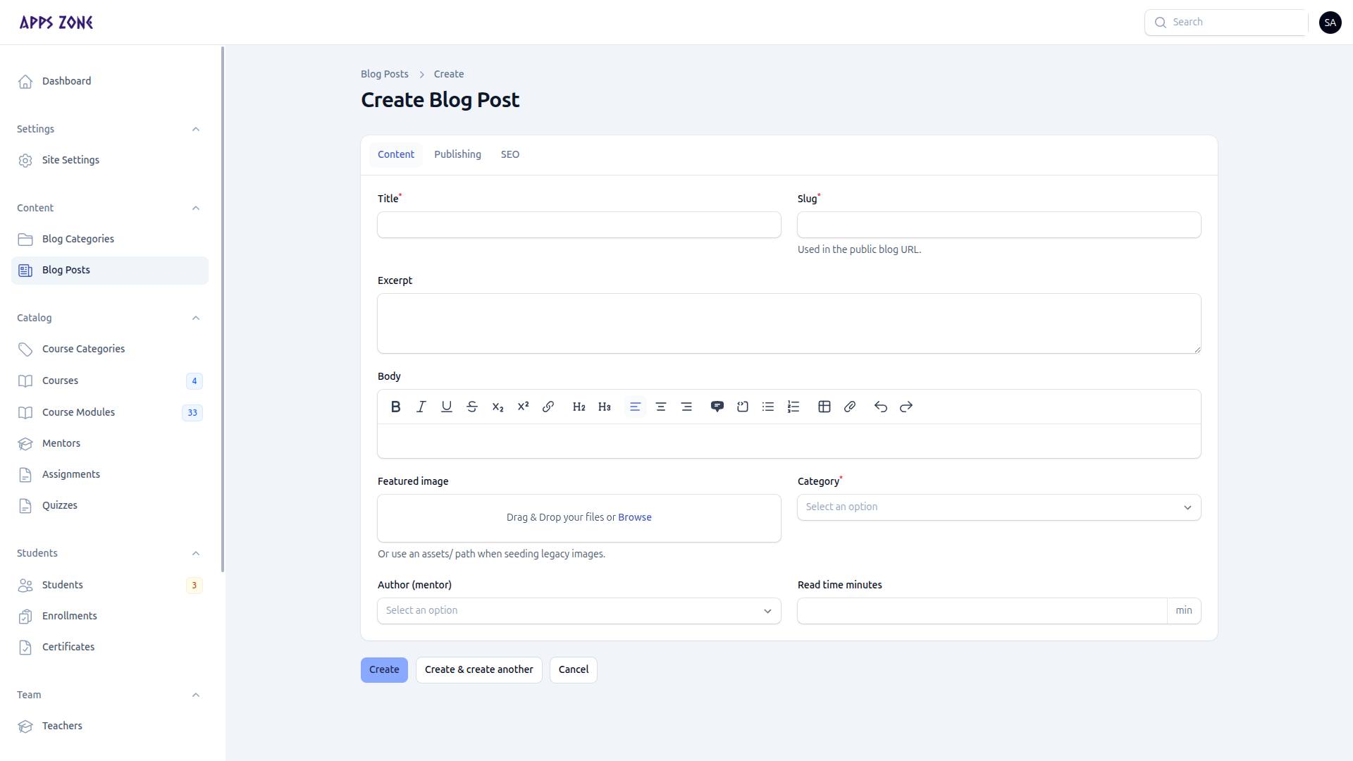 Create blog post Content tab
