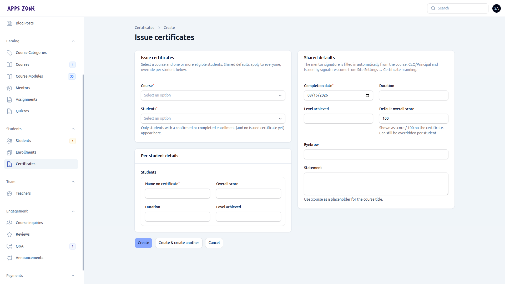 Issue certificates form