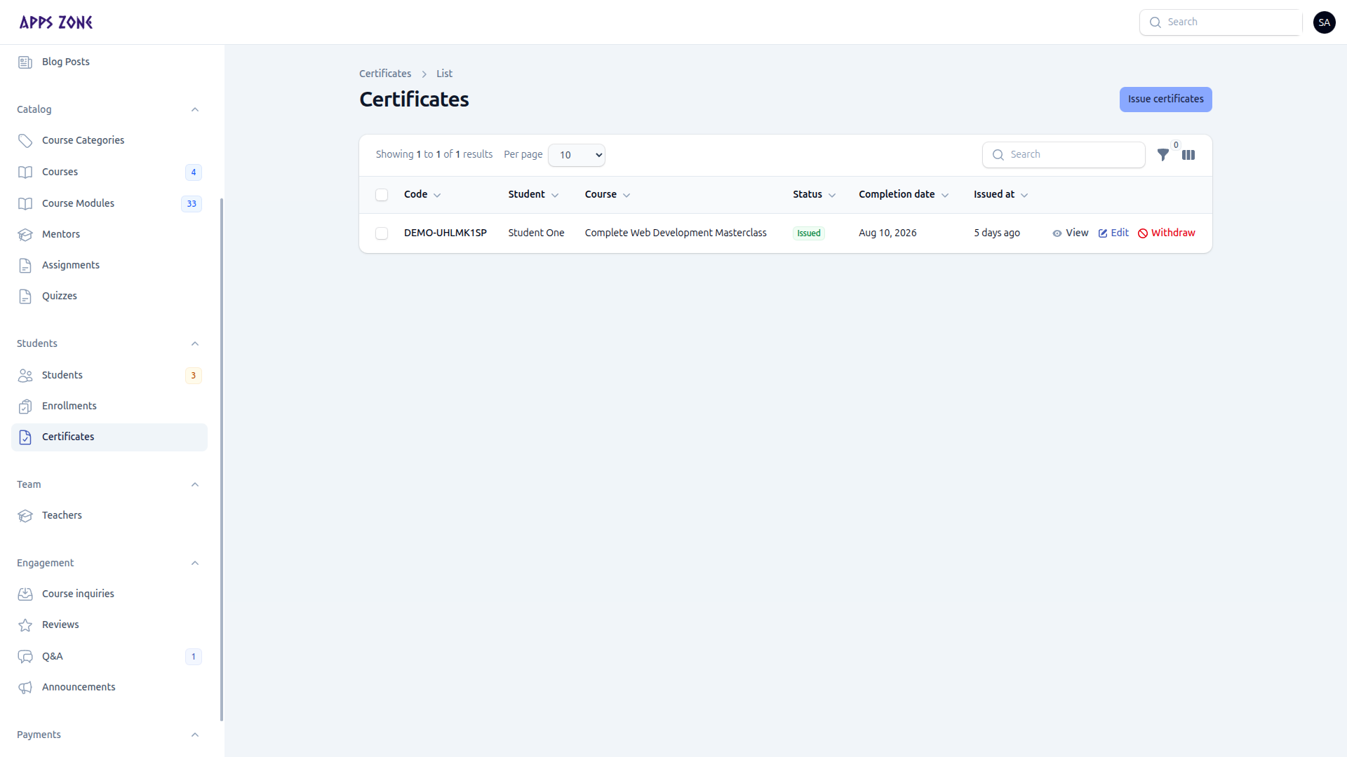 Certificates list