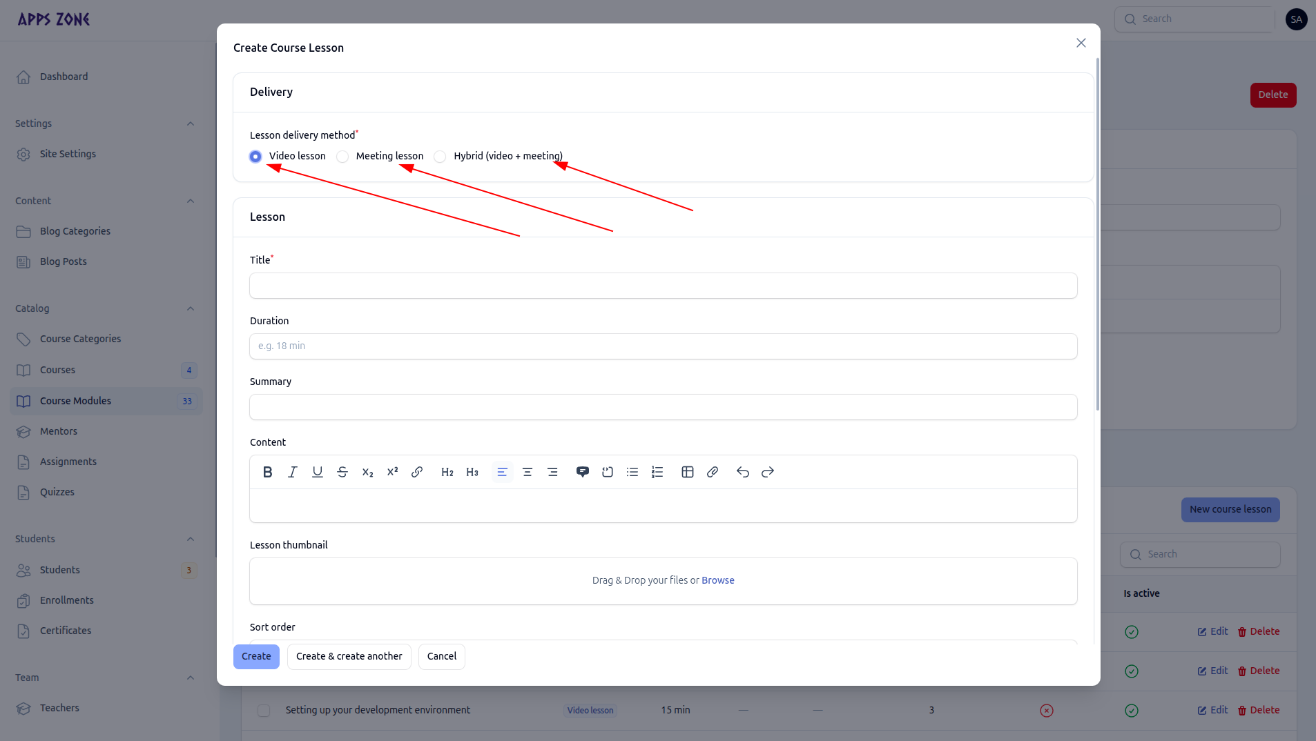 Create lesson modal with Video, Meeting, and Hybrid