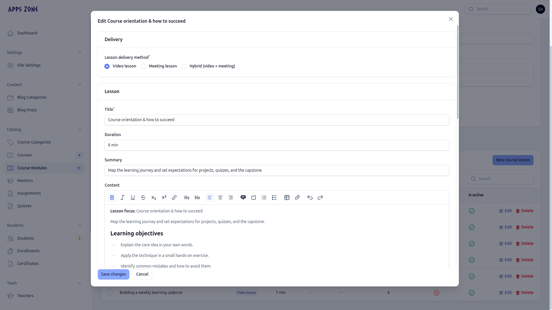 Edit lesson modal