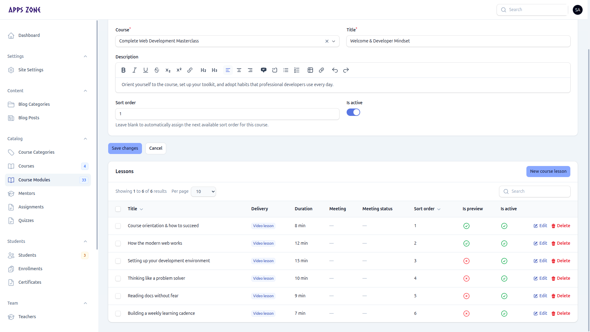 Edit module with lessons (admin screenshot — same relation manager)