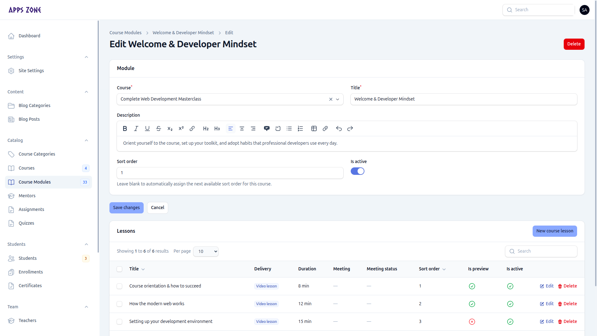 Edit module with lessons