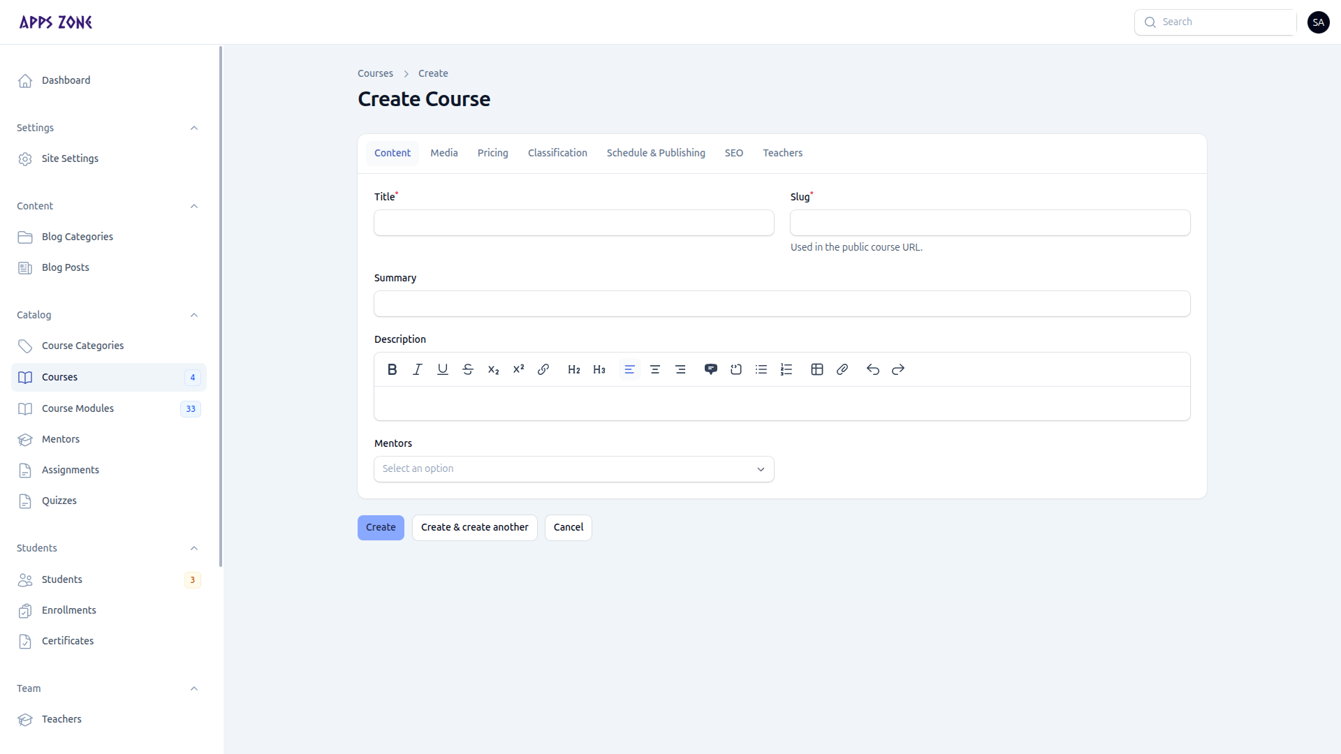 Course Content tab