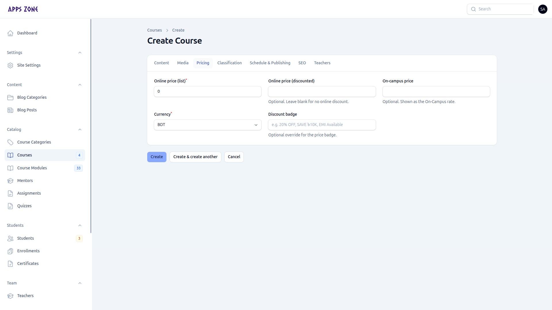 Course Pricing tab