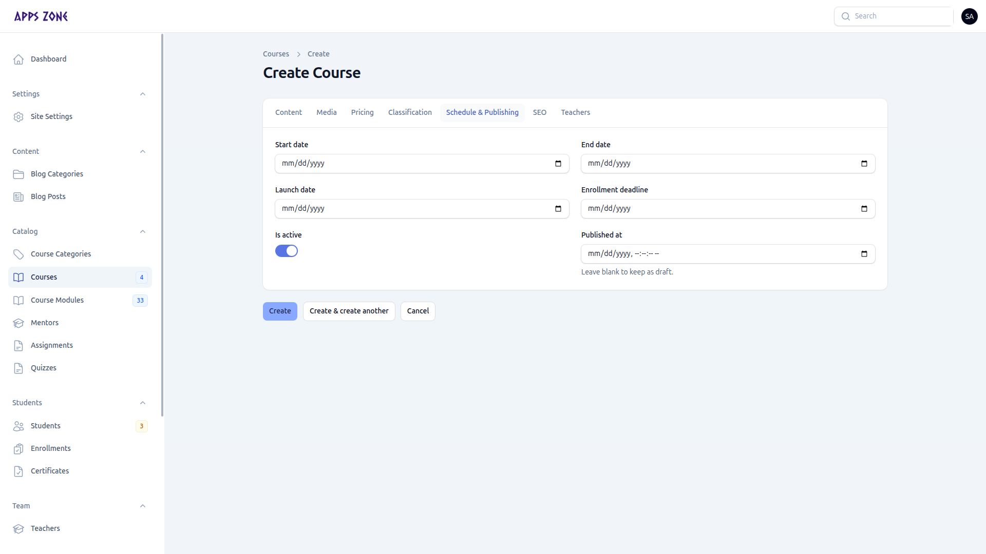 Schedule and publishing tab
