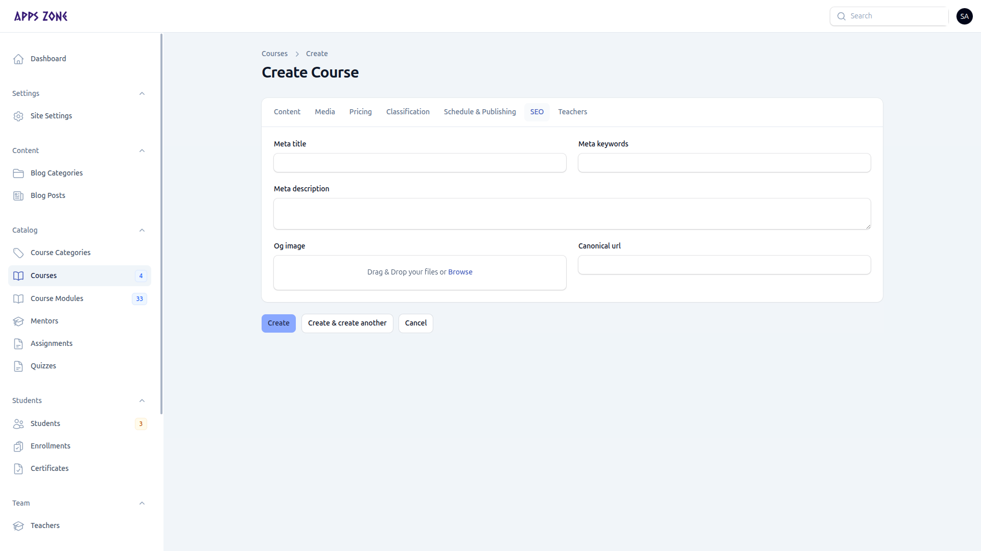 Course SEO tab
