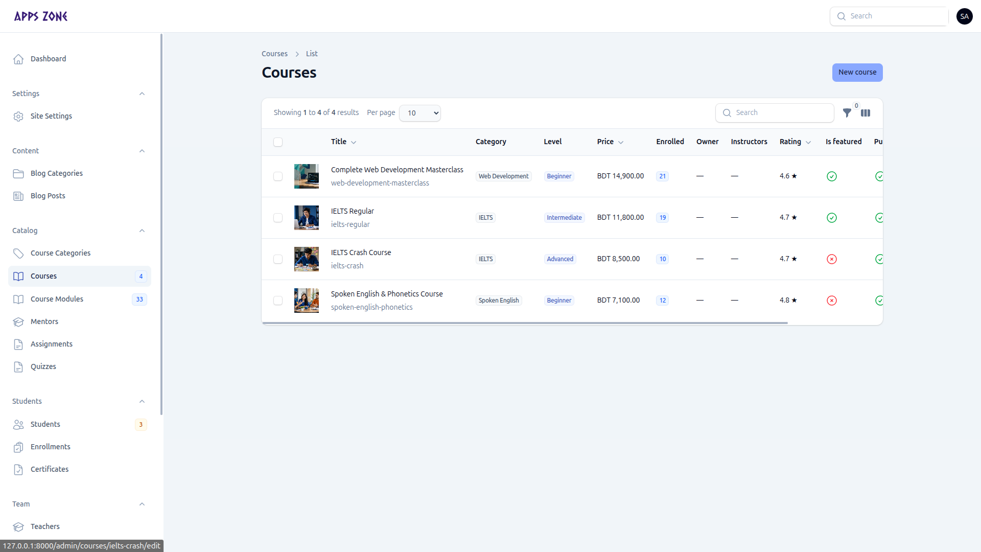 Courses list