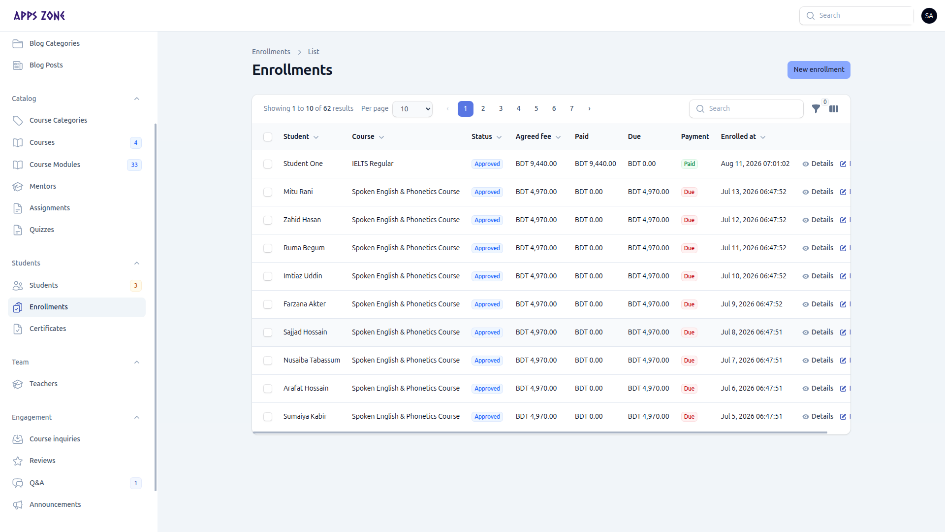 Enrollments list