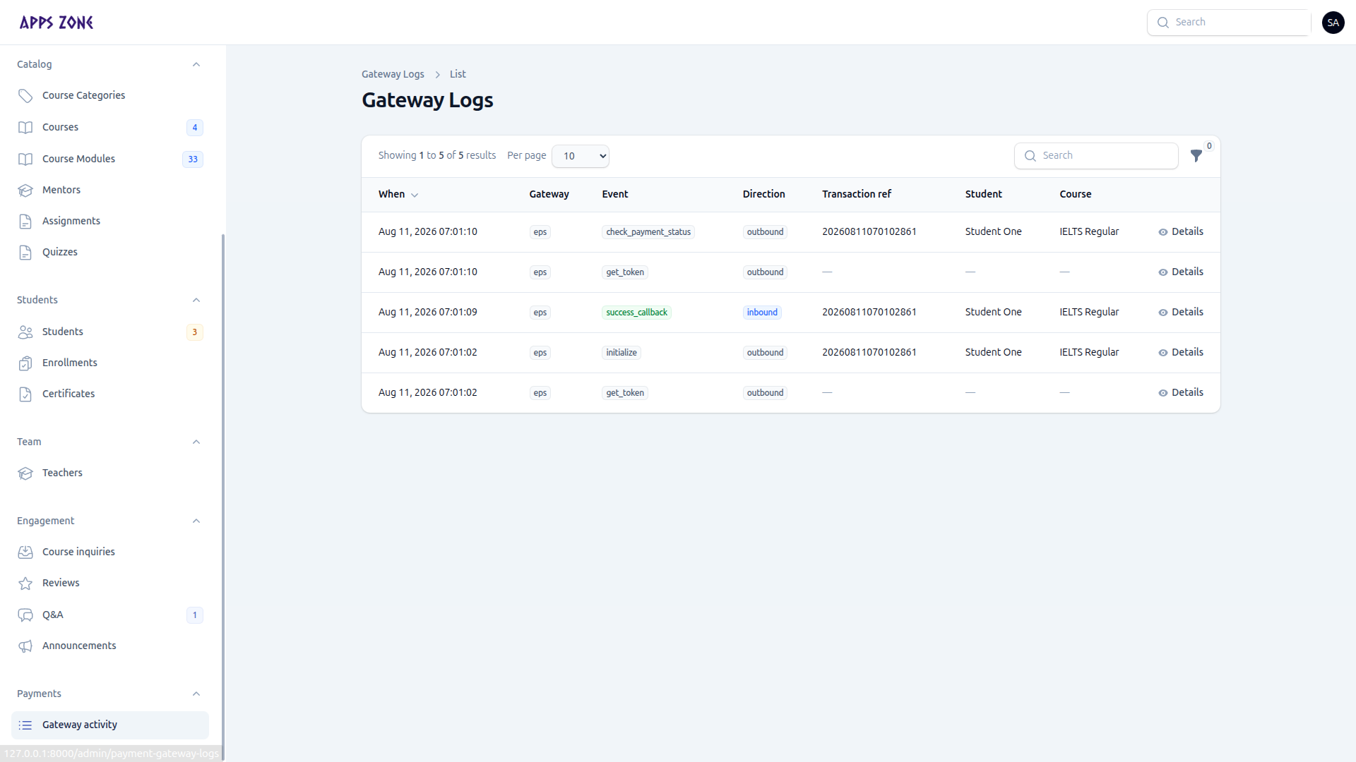 Gateway logs list