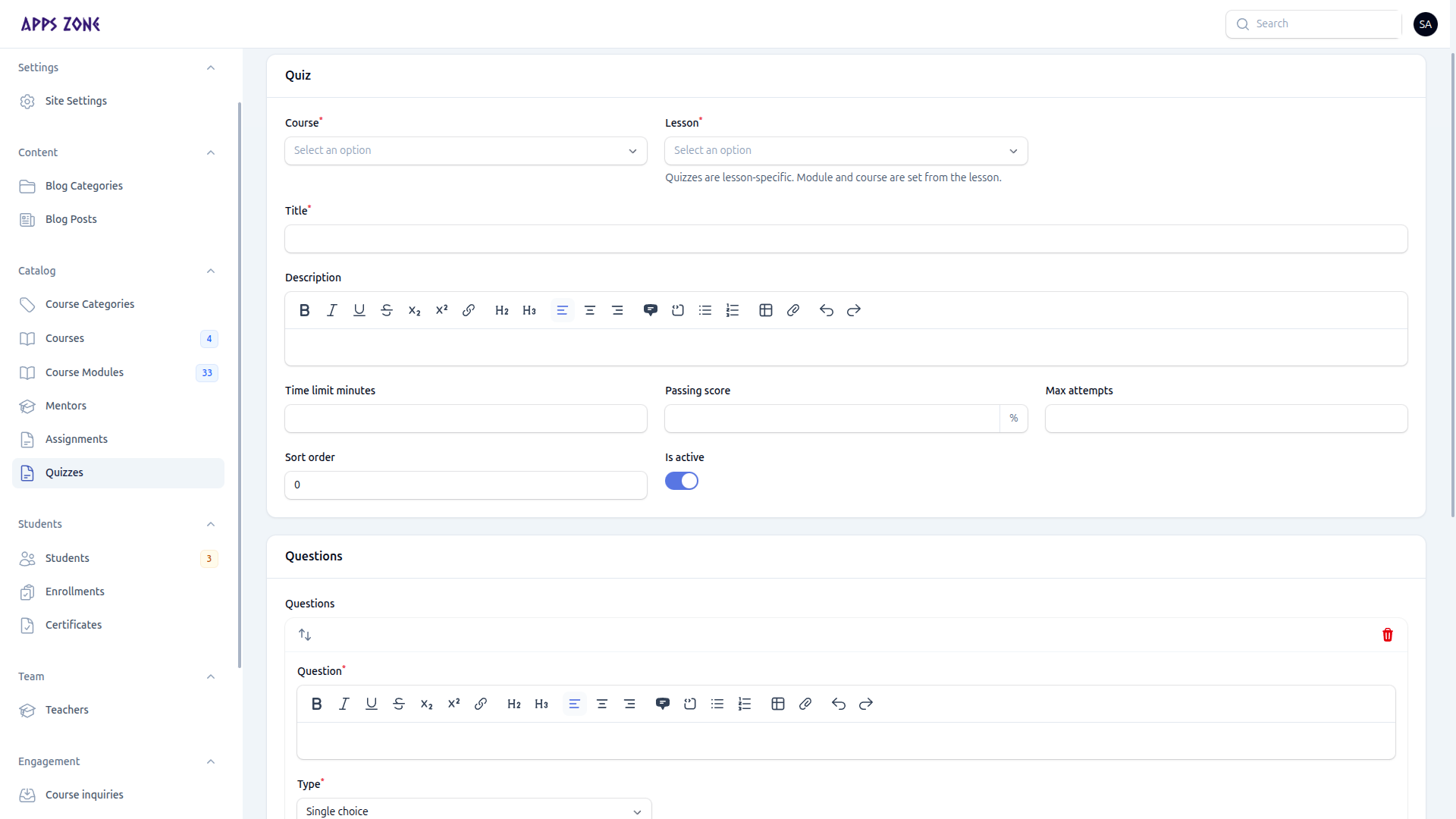 Create quiz form (same fields as admin)