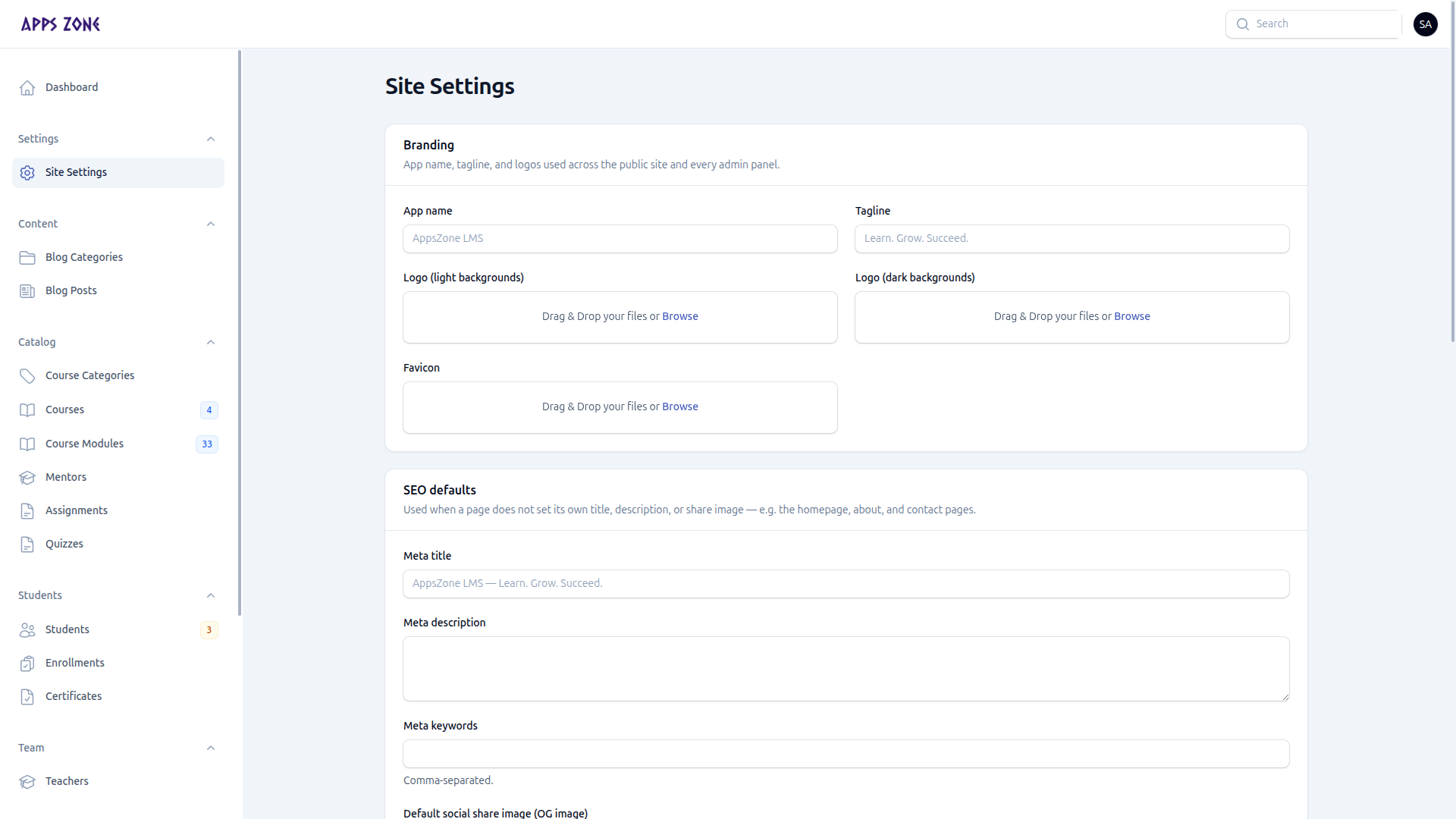 Site Settings branding and SEO defaults
