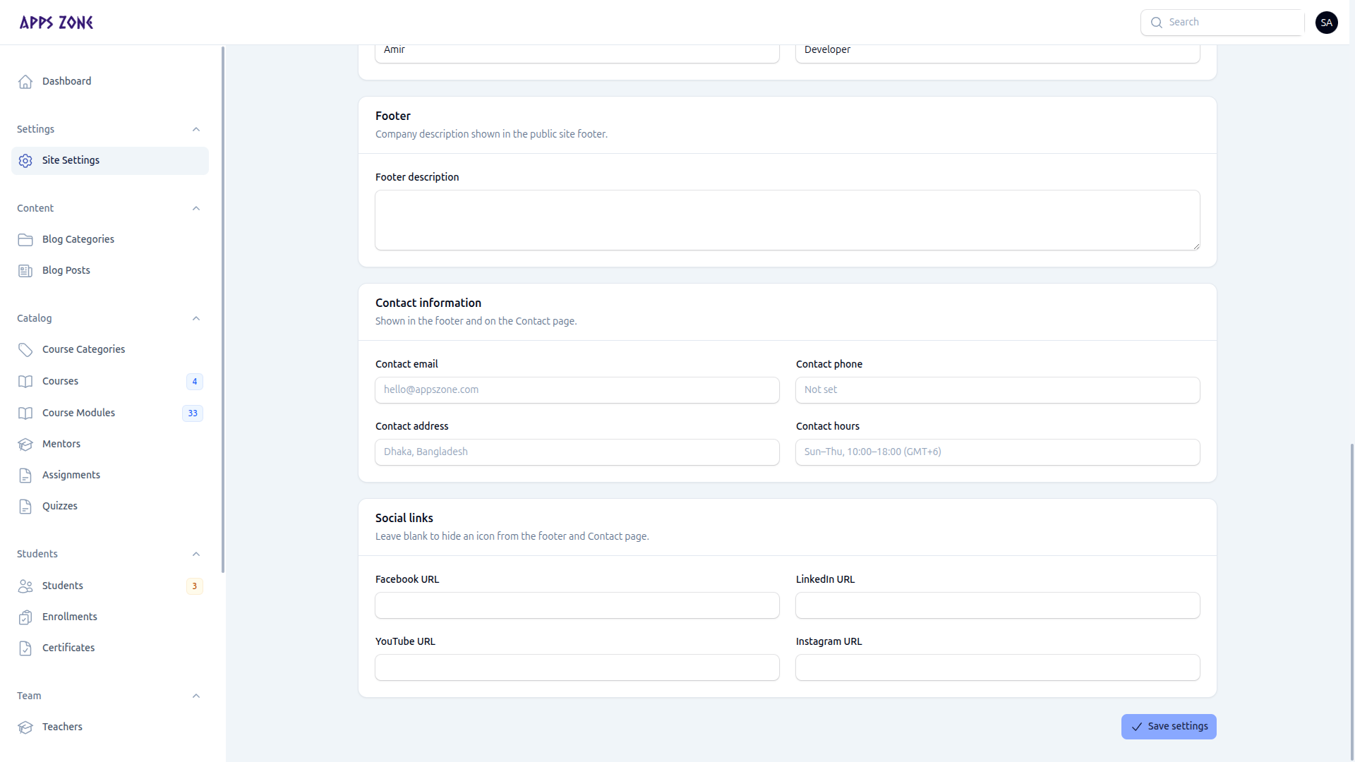 Footer description, contact, and social URLs