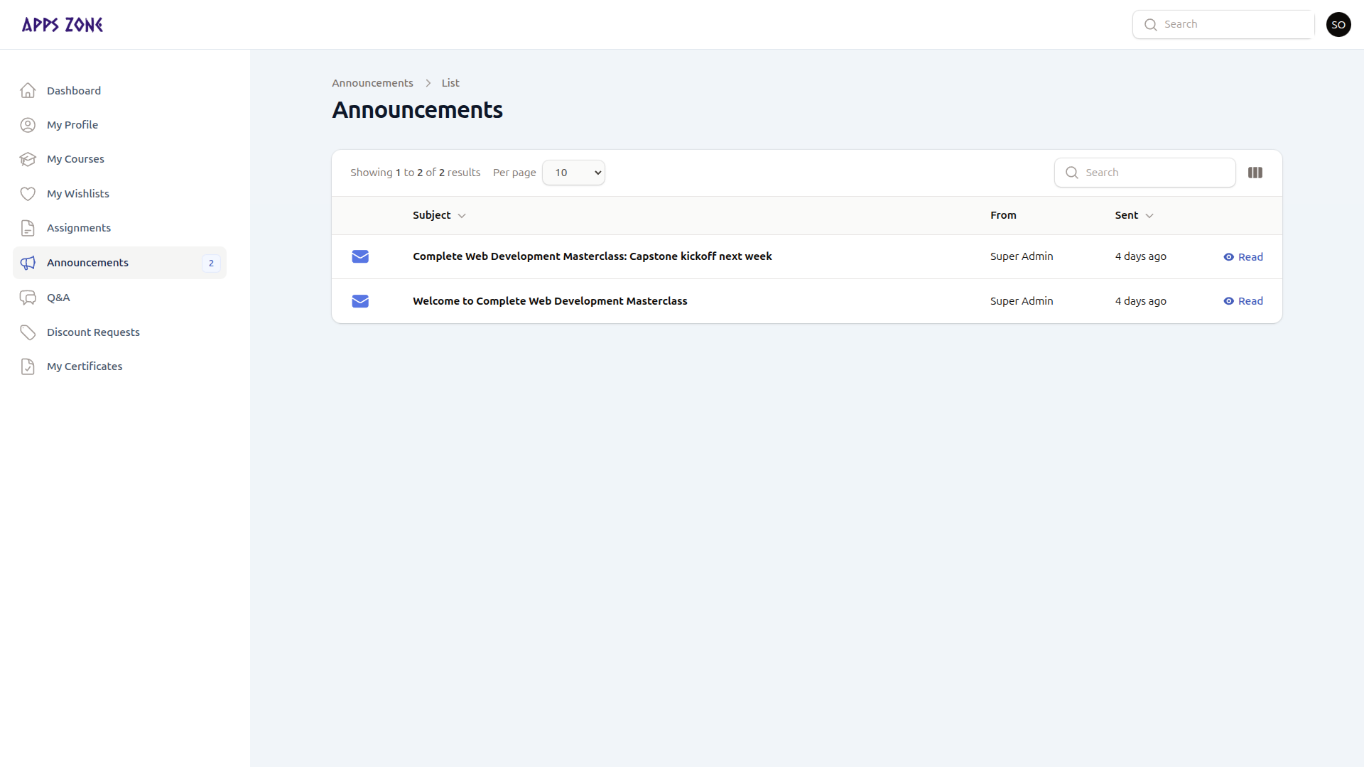 Announcements list
