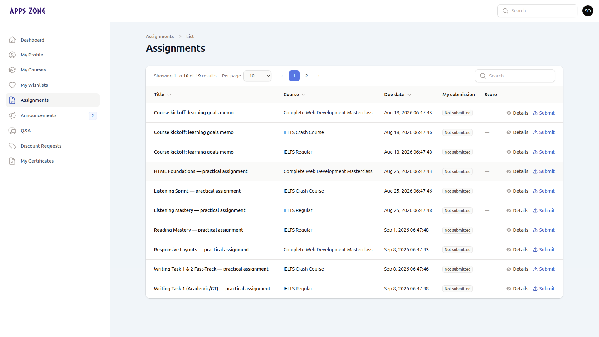 Assignments list