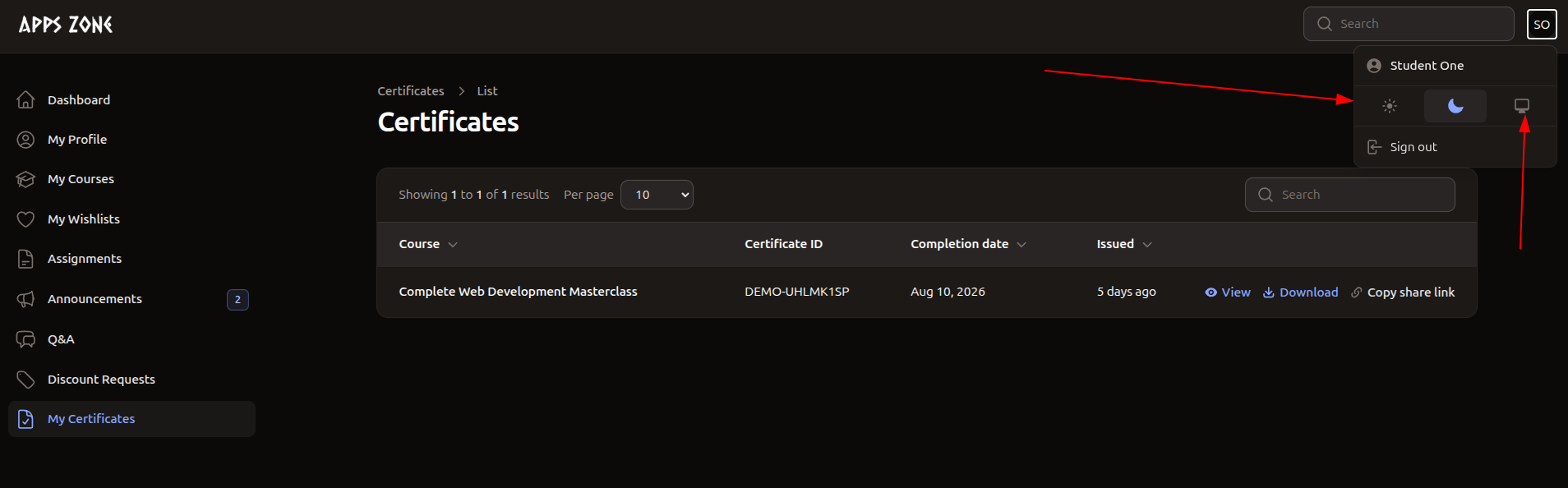 Certificates list in dark mode