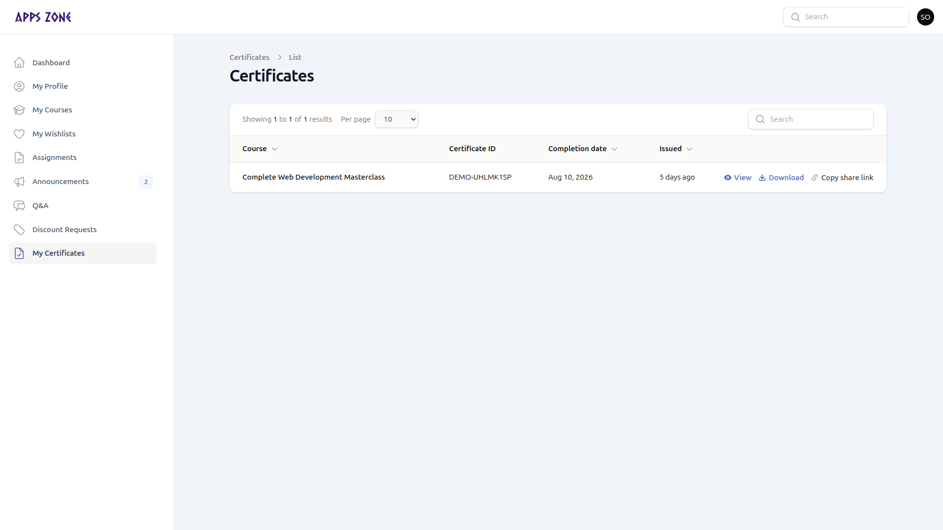 Certificates list