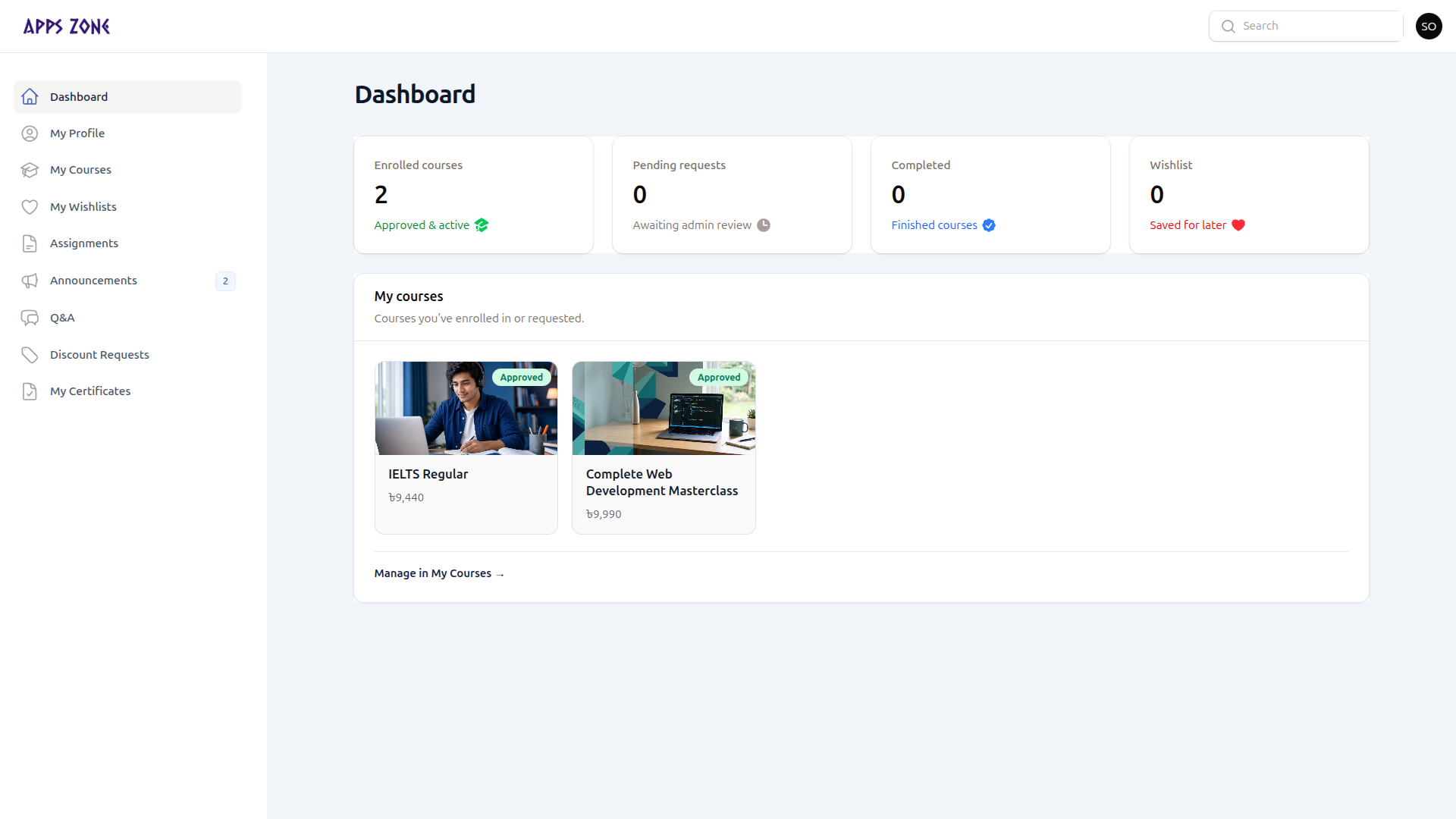 Student dashboard with stats and course cards