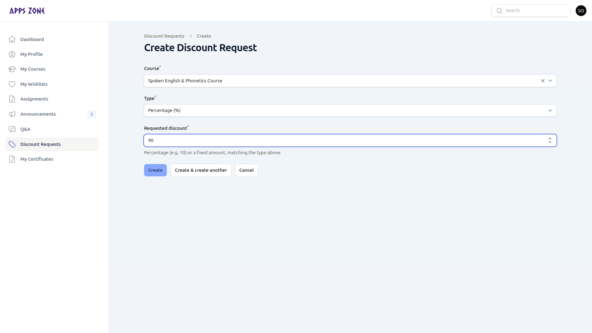Create a discount request