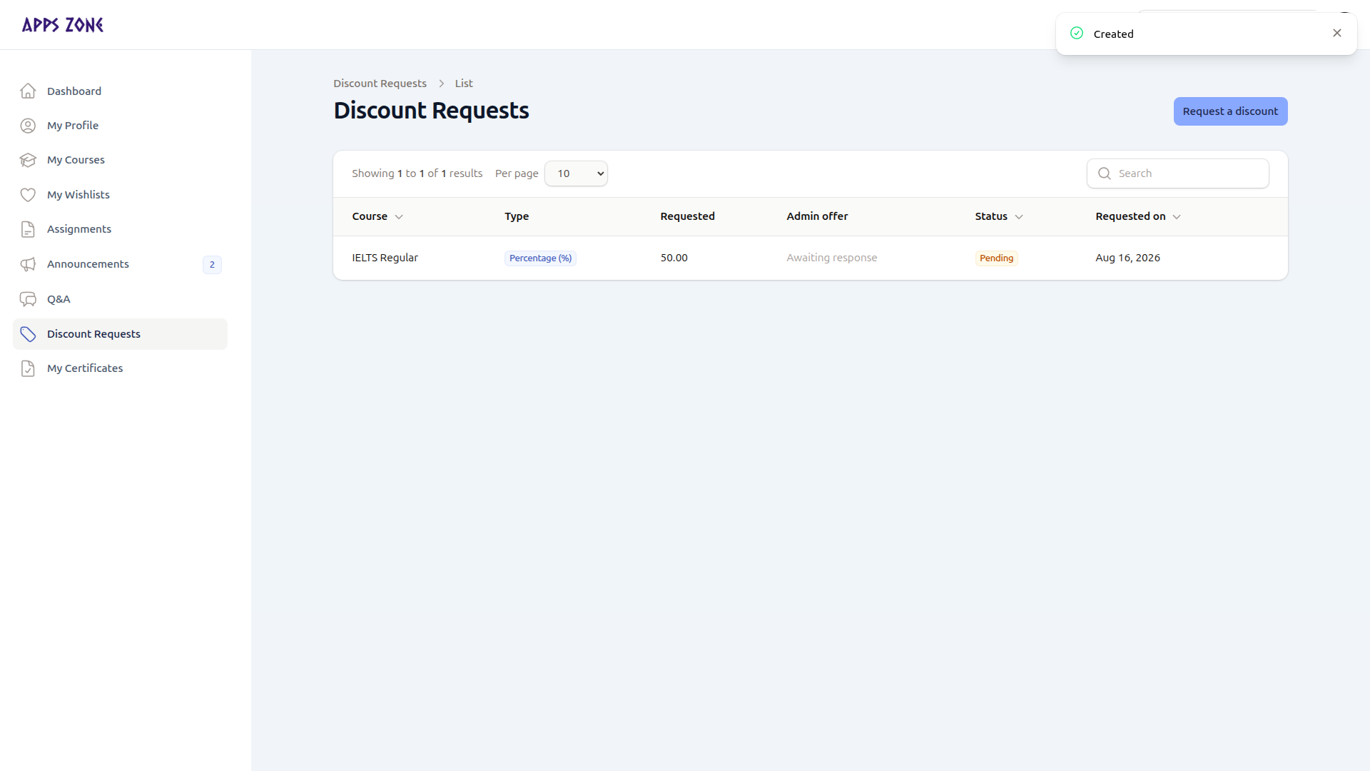 Discount requests list