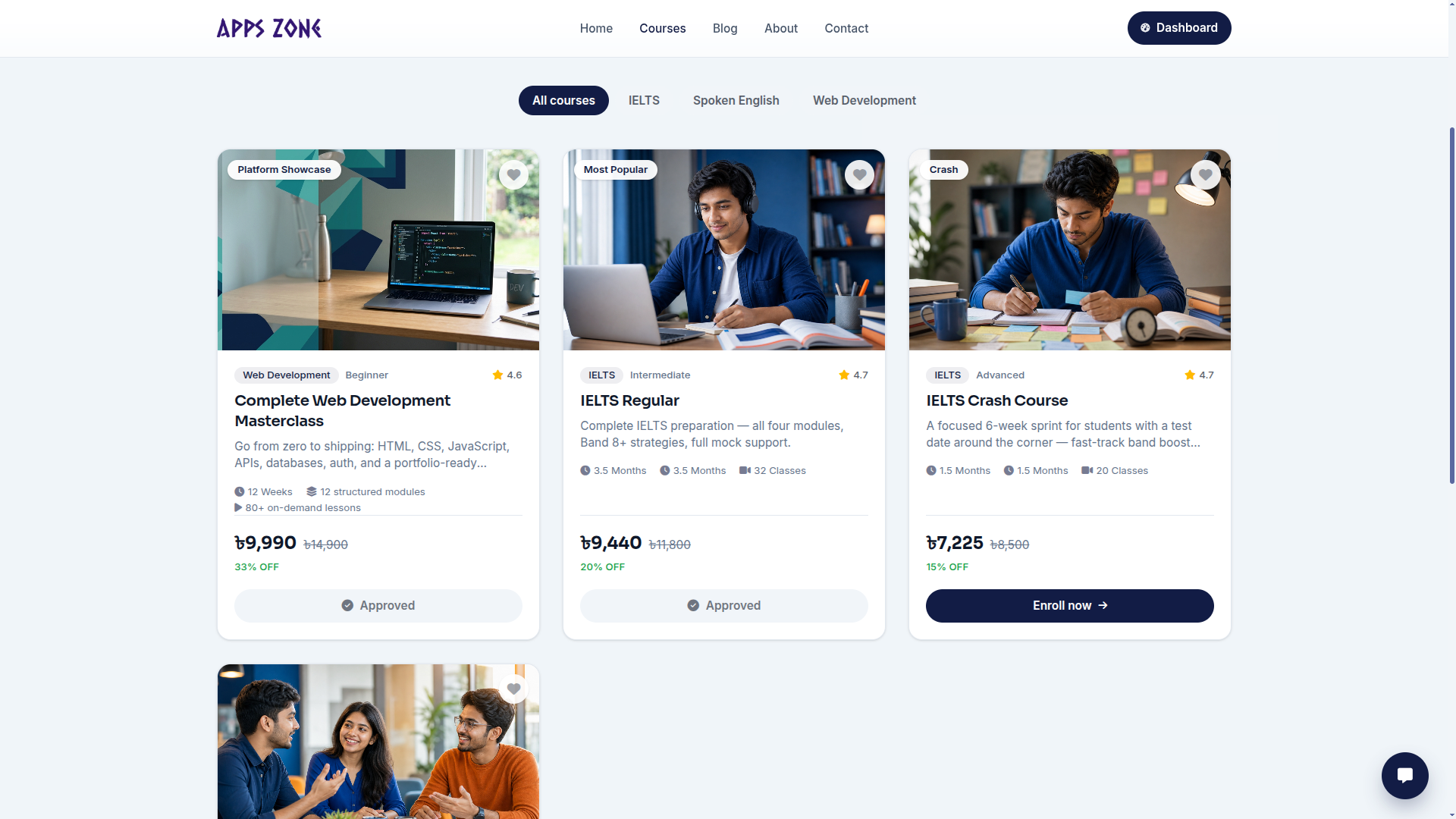 Enrollment page with course title and fee