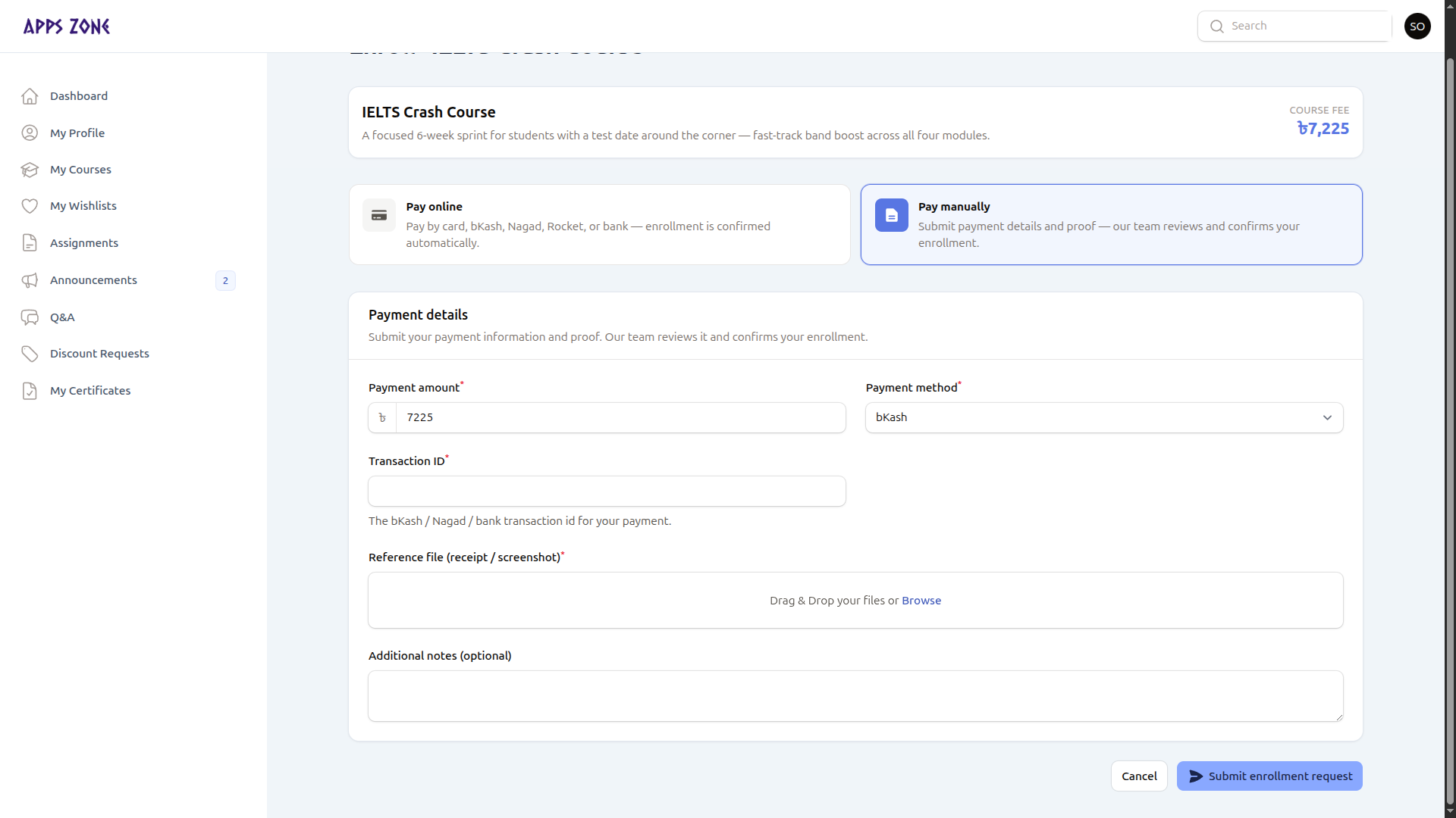 Manual payment details form