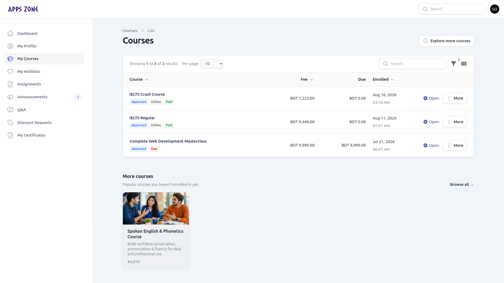 My Courses list