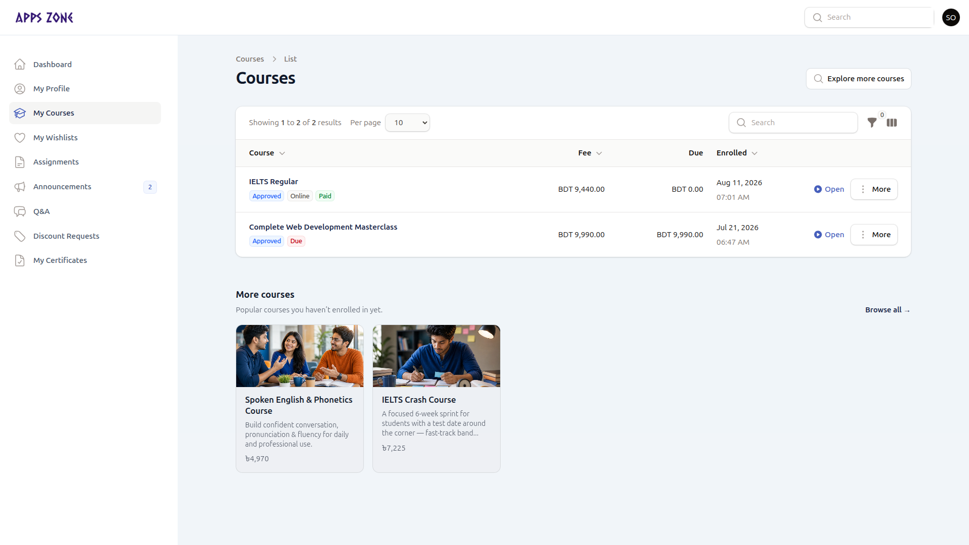 More courses suggestions under My Courses