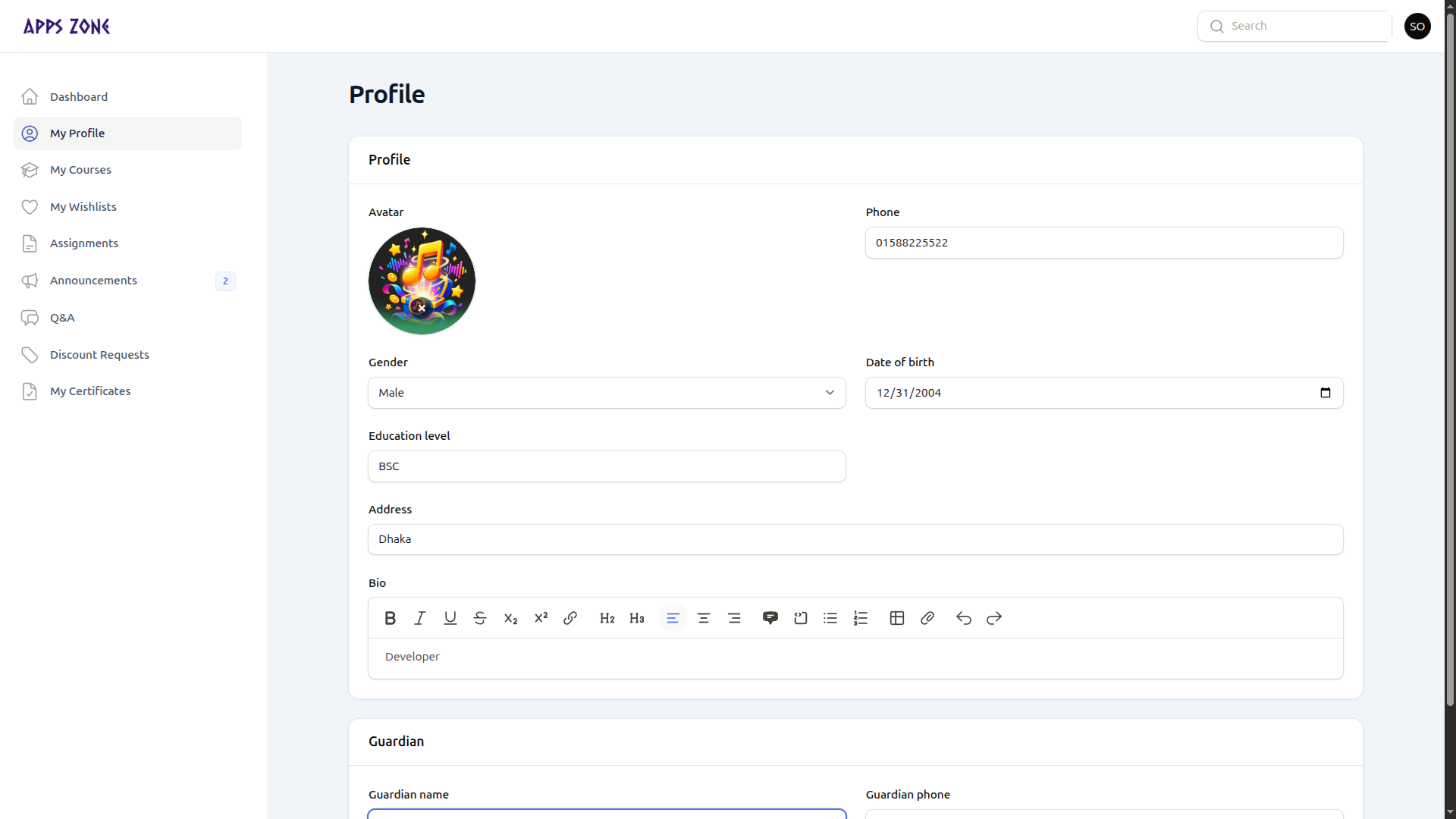 My Profile form