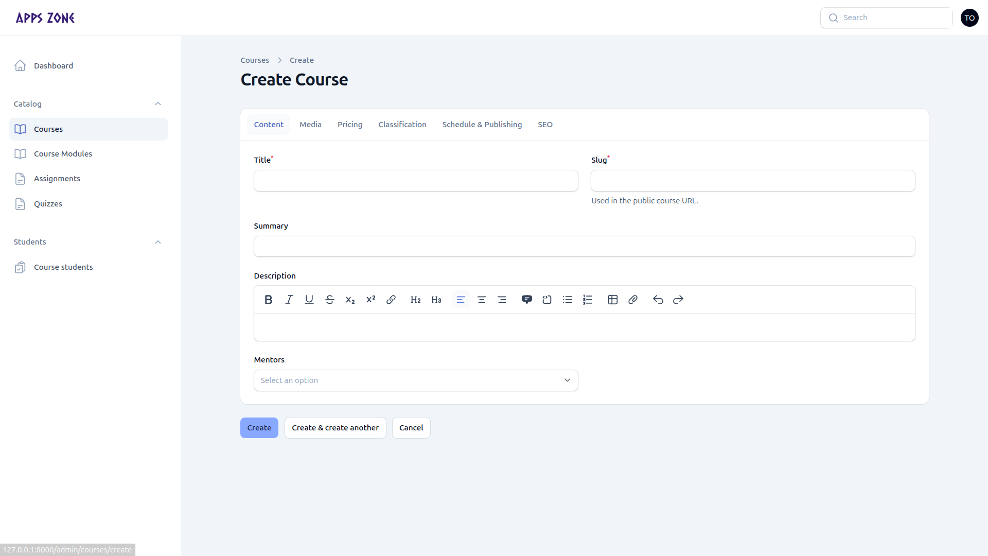Create course — Content tab