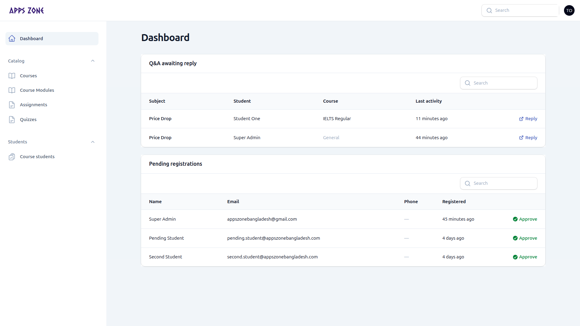 Teacher dashboard